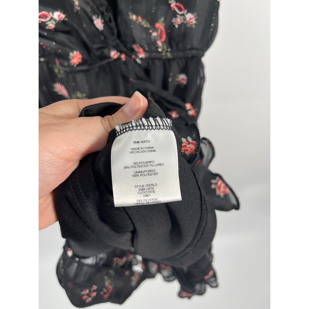 Whimsigoth Dark Fairy Wedding Guest Womens Dress M Black Floral Ruffle Wrap Top - Picture 4 of 8